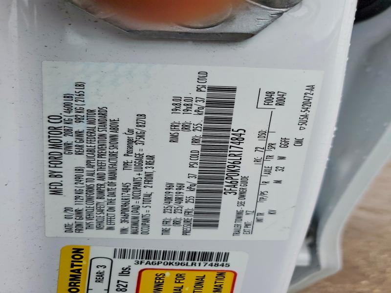 50838526 :رقم المزاد ، 3FA6P0K96LR174845 vin ، 2020 Ford Fusion مزاد بيع