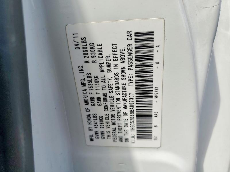 Продаж на аукціоні авто 2011 Honda Accord, vin: 1HGCS2B89BA007307, номер лоту: 52039426