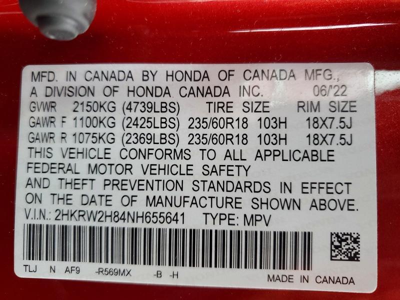 Aukcja sprzedaży 2022 Honda Cr-v, vin: 2HKRW2H84NH655641, numer aukcji: 48608736