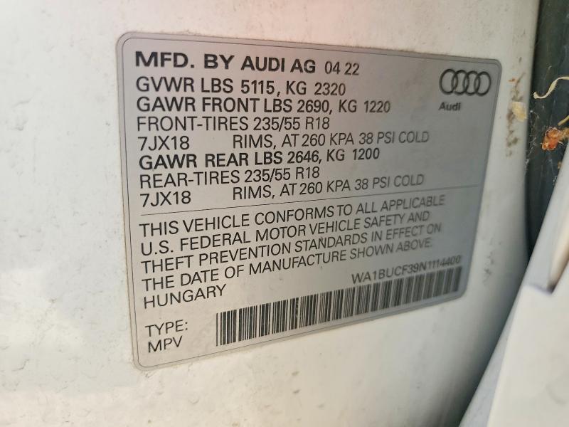 Aukcja sprzedaży 2022 Audi Q3, vin: WA1BUCF39N1114400, numer aukcji: 48161516