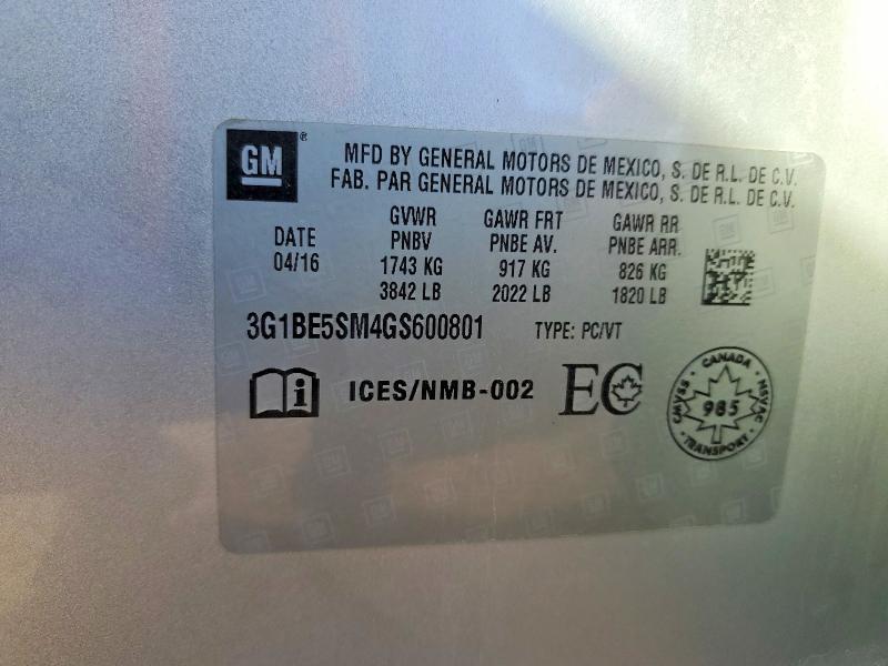 Продаж на аукціоні авто 2016 Chevrolet Cruze, vin: 3G1BE5SM4GS600801, номер лоту: 50790896