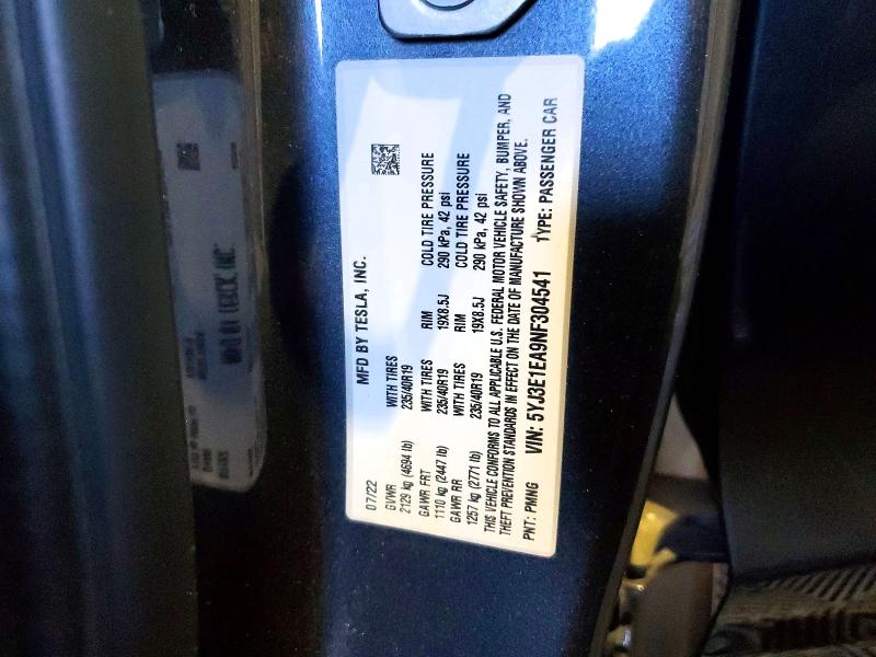49469366 :رقم المزاد ، 5YJ3E1EA9NF304541 vin ، 2022 Tesla Model 3 مزاد بيع