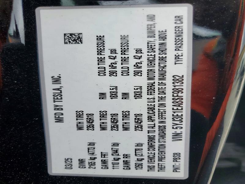 Продажа на аукционе авто 2025 Tesla Model 3, vin: 5YJ3E1EA8SF981382, номер лота: 46537976