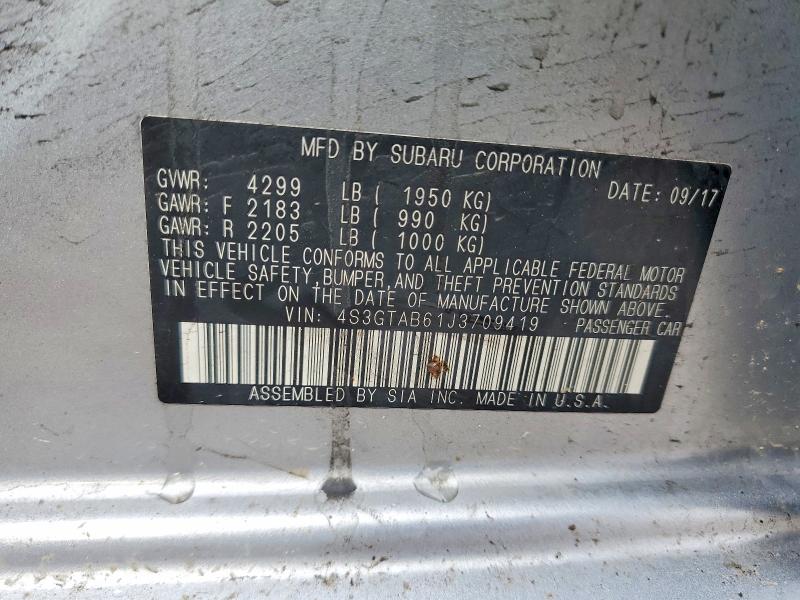 Auction sale of the 2018 Subaru Impreza, vin: 4S3GTAB61J3709419, lot number: 49941176
