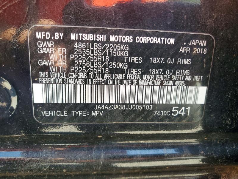49536136 :رقم المزاد ، JA4AZ3A38JJ005103 vin ، 2018 Mitsubishi Outlander مزاد بيع