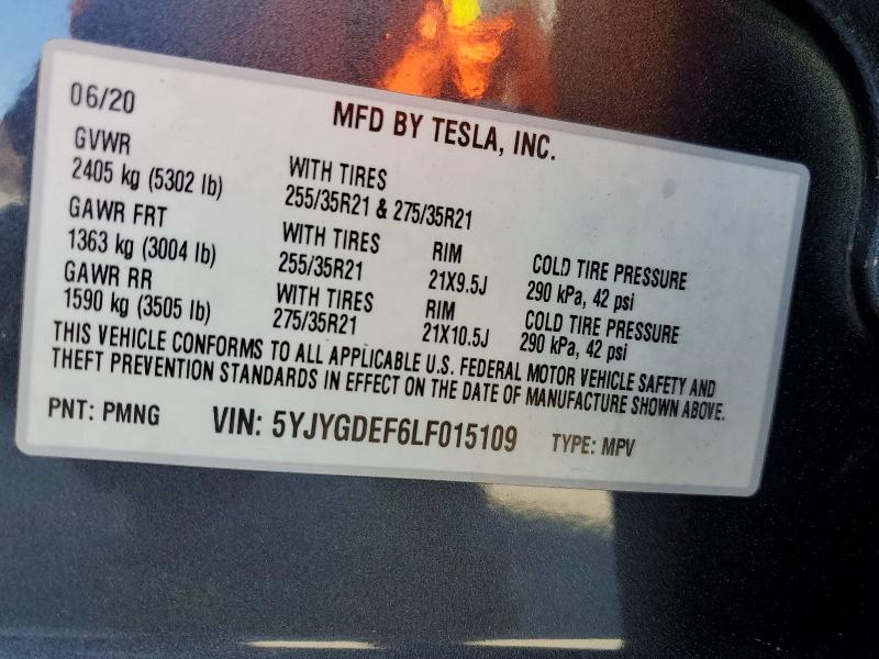 2020 Tesla Model Y მანქანა იყიდება აუქციონზე, vin: 5YJYGDEF6LF015109, აუქციონის ნომერი: 48398906