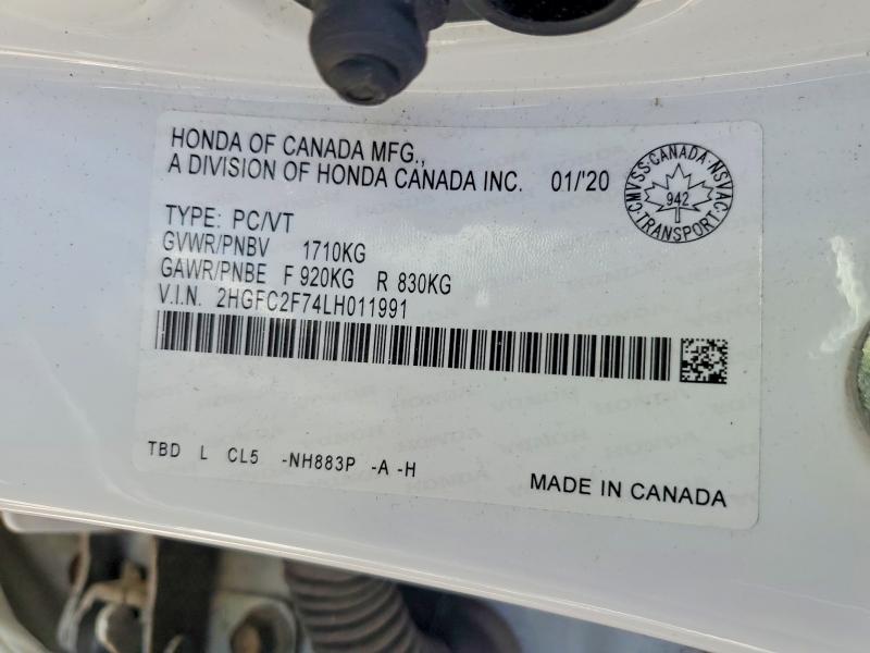 2020 Honda Civic მანქანა იყიდება აუქციონზე, vin: 2HGFC2F74LH011991, აუქციონის ნომერი: 50987996