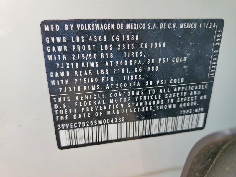 2025 Volkswagen Taos მანქანა იყიდება აუქციონზე, vin: 3VVEC7B25SM004339, აუქციონის ნომერი: 50603686