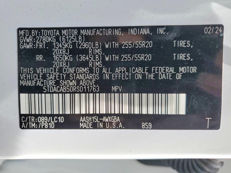 2024 Toyota Grand Highlander Hybrid მანქანა იყიდება აუქციონზე, vin: 5TDACAB50RS011763, აუქციონის ნომერი: 50458206