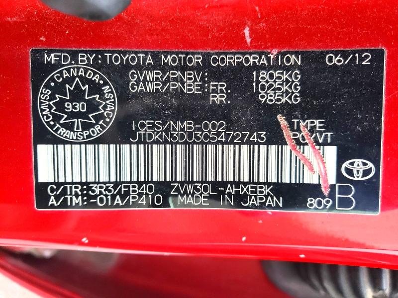 Aukcja sprzedaży 2012 Toyota Prius, vin: JTDKN3DU3C5472743, numer aukcji: 48157626