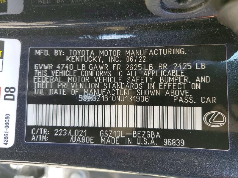 49500596 :رقم المزاد ، 58ADZ1B10NU131906 vin ، 2022 Lexus Es 350 مزاد بيع