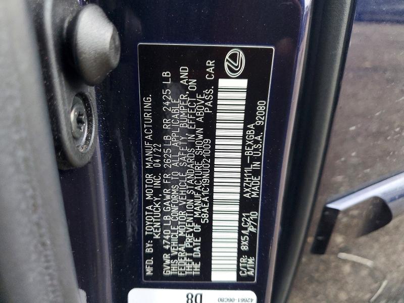 48572486 :رقم المزاد ، 58AEA1C19NU021009 vin ، 2022 Lexus Es 300h مزاد بيع