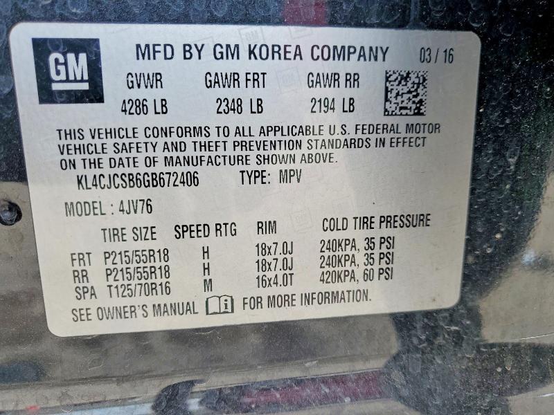 48623646 :رقم المزاد ، KL4CJCSB6GB672406 vin ، 2016 Buick Encore مزاد بيع