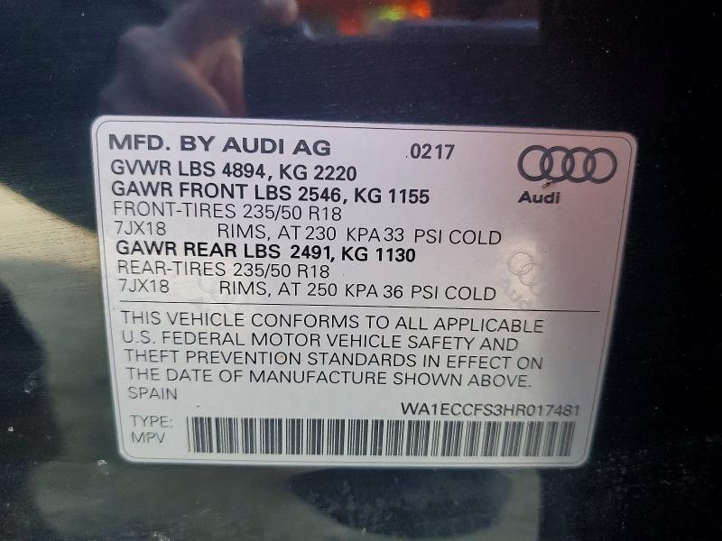 2017 Audi Q3 მანქანა იყიდება აუქციონზე, vin: WA1ECCFS3HR017481, აუქციონის ნომერი: 48875666
