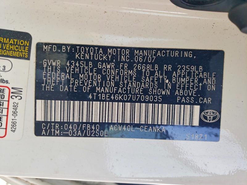 Продаж на аукціоні авто 2007 Toyota Camry, vin: 4T1BE46K07U709035, номер лоту: 49253586