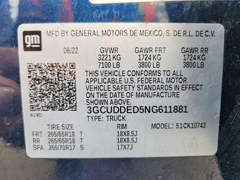 Aukcja sprzedaży 2022 Chevrolet Silverado, vin: 3GCUDDED5NG611881, numer aukcji: 48709426