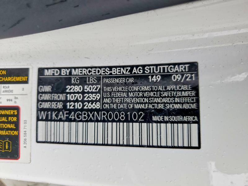 2022 Mercedes-benz C მანქანა იყიდება აუქციონზე, vin: W1KAF4GBXNR008102, აუქციონის ნომერი: 48277406