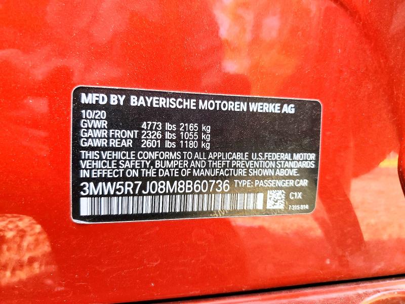49926196 :رقم المزاد ، 3MW5R7J08M8B60736 vin ، 2021 Bmw 330xi مزاد بيع