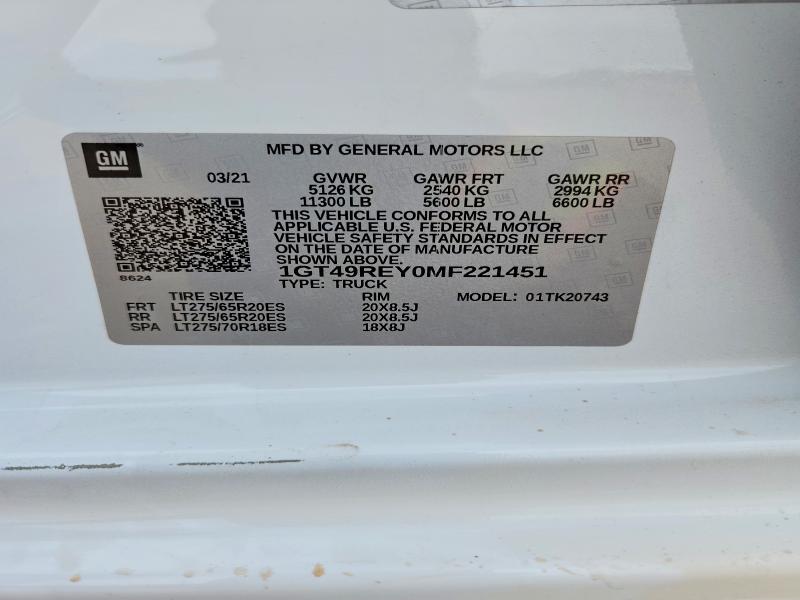 Aukcja sprzedaży 2021 Gmc Sierra, vin: 1GT49REY0MF221451, numer aukcji: 49159386