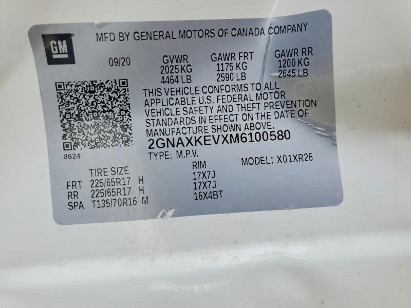 Aukcja sprzedaży 2021 Chevrolet Equinox, vin: 2GNAXKEVXM6100580, numer aukcji: 50465286