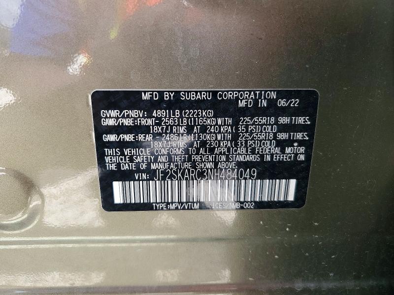 48410056 :رقم المزاد ، JF2SKARC3NH484049 vin ، 2022 Subaru Forester مزاد بيع