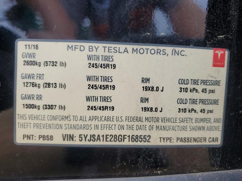 Продажа на аукционе авто 2016 Tesla Model S, vin: 5YJSA1E28GF168552, номер лота: 50448266