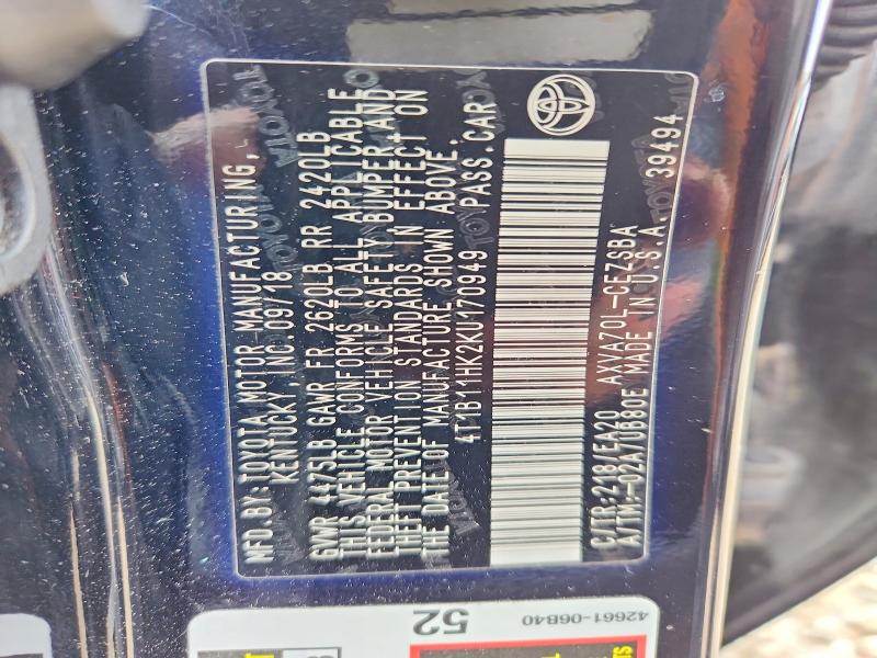 2019 Toyota Camry მანქანა იყიდება აუქციონზე, vin: 4T1B11HK2KU170949, აუქციონის ნომერი: 51323706