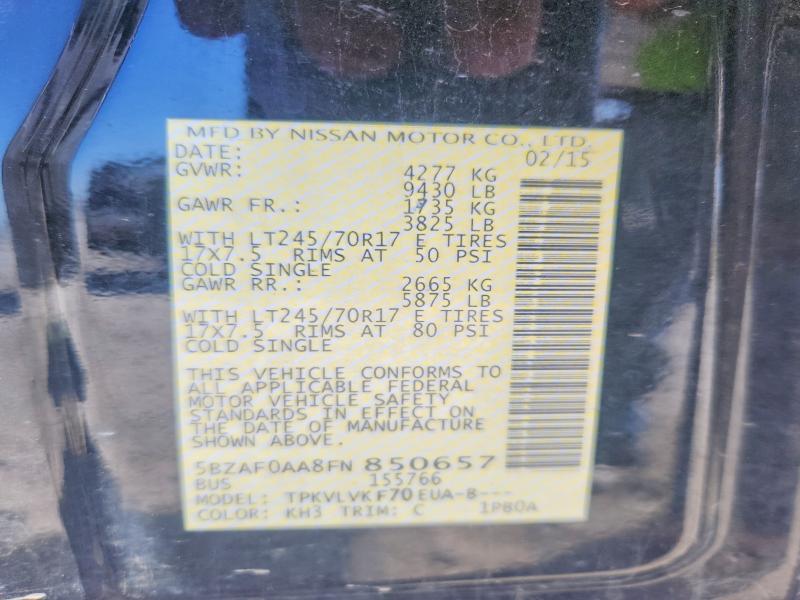 2015 Nissan Nv მანქანა იყიდება აუქციონზე, vin: 5BZAF0AA8FN850657, აუქციონის ნომერი: 48937296