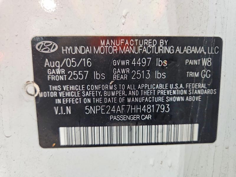 2017 Hyundai Sonata მანქანა იყიდება აუქციონზე, vin: 5NPE24AF7HH481793, აუქციონის ნომერი: 50950306
