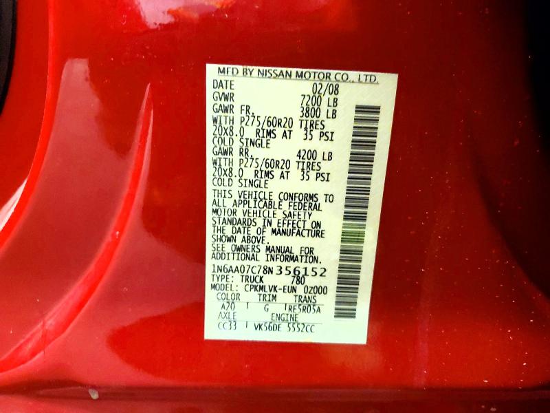51854976 :رقم المزاد ، 1N6AA07C78N356152 vin ، 2008 Nissan Titan مزاد بيع