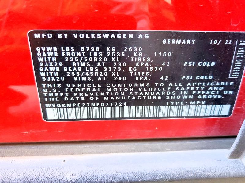 Aukcja sprzedaży 2022 Volkswagen Id.4, vin: WVGKMPE27NP071724, numer aukcji: 48925496