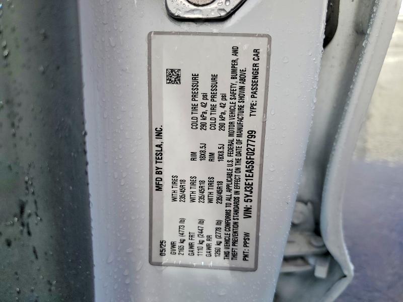 2025 Tesla Model 3 მანქანა იყიდება აუქციონზე, vin: 5YJ3E1EA5SF027799, აუქციონის ნომერი: 48459566