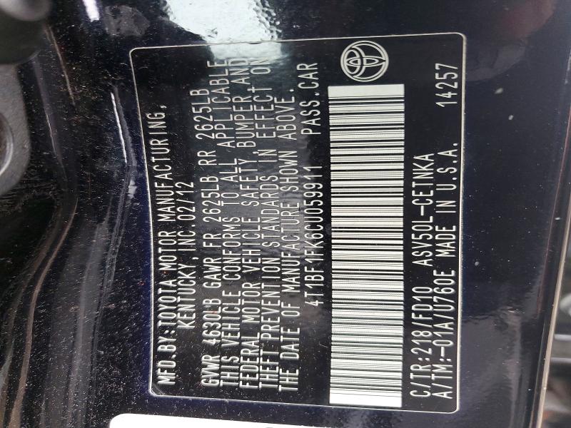 2012 Toyota Camry მანქანა იყიდება აუქციონზე, vin: 4T1BF1FK6CU059911, აუქციონის ნომერი: 50425926