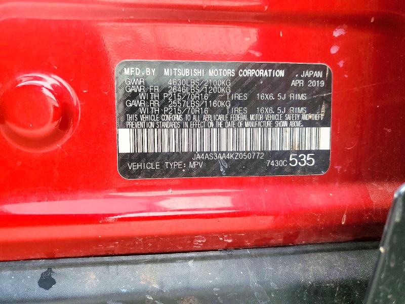 51232136 :رقم المزاد ، JA4AS3AA4KZ050772 vin ، 2019 Mitsubishi Eclipse Cross مزاد بيع