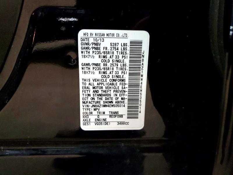 2014 Nissan Murano მანქანა იყიდება აუქციონზე, vin: JN8AZ1MW4EW505014, აუქციონის ნომერი: 48663346