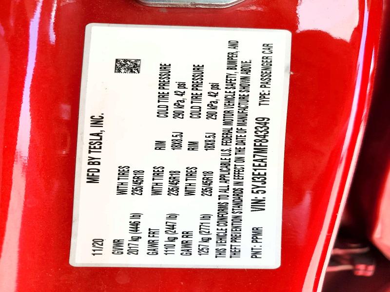Продажа на аукционе авто 2021 Tesla Model 3, vin: 5YJ3E1EA7MF843349, номер лота: 49130976