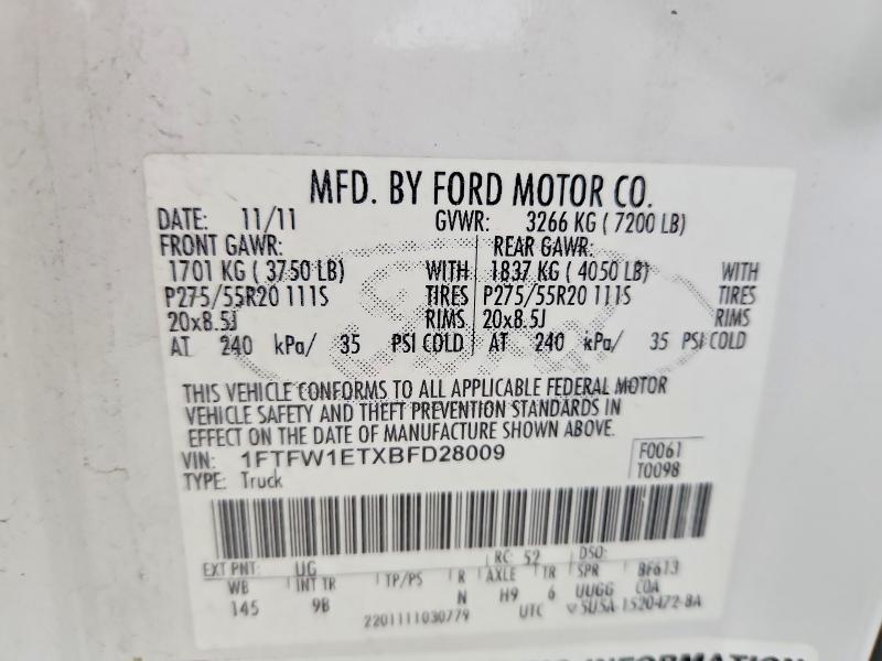 49500926 :رقم المزاد ، 1FTFW1ETXBFD28009 vin ، 2011 Ford F150 مزاد بيع