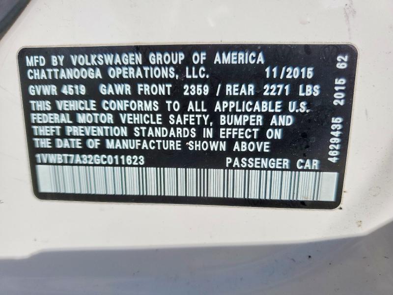 Продажа на аукционе авто 2016 Volkswagen Passat, vin: 1VWBT7A32GC011623, номер лота: 48703376