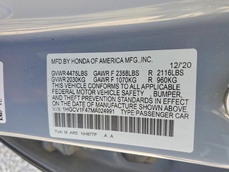 Продажа на аукционе авто 2021 Honda Accord, vin: 1HGCV1F47MA024991, номер лота: 48958046
