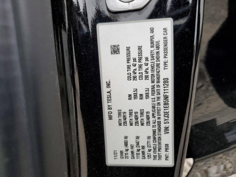2022 Tesla Model 3 მანქანა იყიდება აუქციონზე, vin: 5YJ3E1EB5NF111280, აუქციონის ნომერი: 48600976