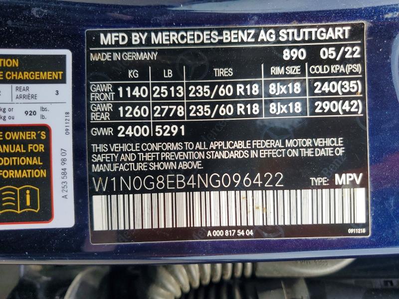 Aukcja sprzedaży 2022 Mercedes-benz Glc, vin: W1N0G8EB4NG096422, numer aukcji: 50136616