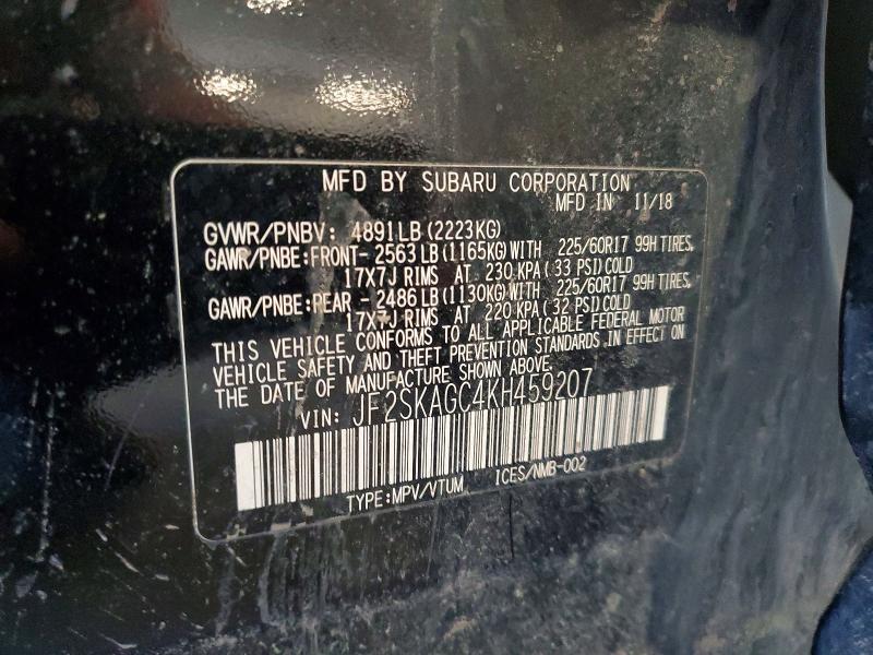 Продаж на аукціоні авто 2019 Subaru Forester, vin: JF2SKAGC4KH459207, номер лоту: 49950766