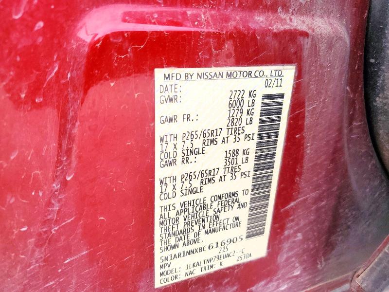 2011 Nissan Pathfinder მანქანა იყიდება აუქციონზე, vin: 5N1AR1NNXBC616905, აუქციონის ნომერი: 50336916