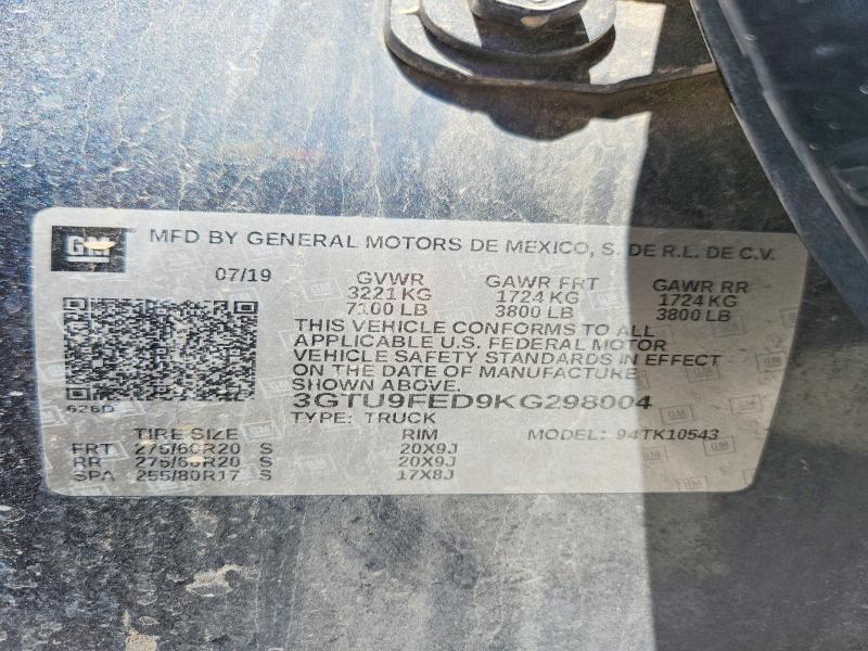 2019 Gmc Sierra მანქანა იყიდება აუქციონზე, vin: 3GTU9FED9KG298004, აუქციონის ნომერი: 50967556