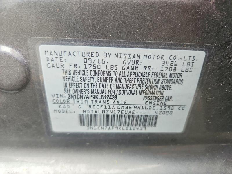 Aukcja sprzedaży 2019 Nissan Versa, vin: 3N1CN7AP9KL812439, numer aukcji: 48613556