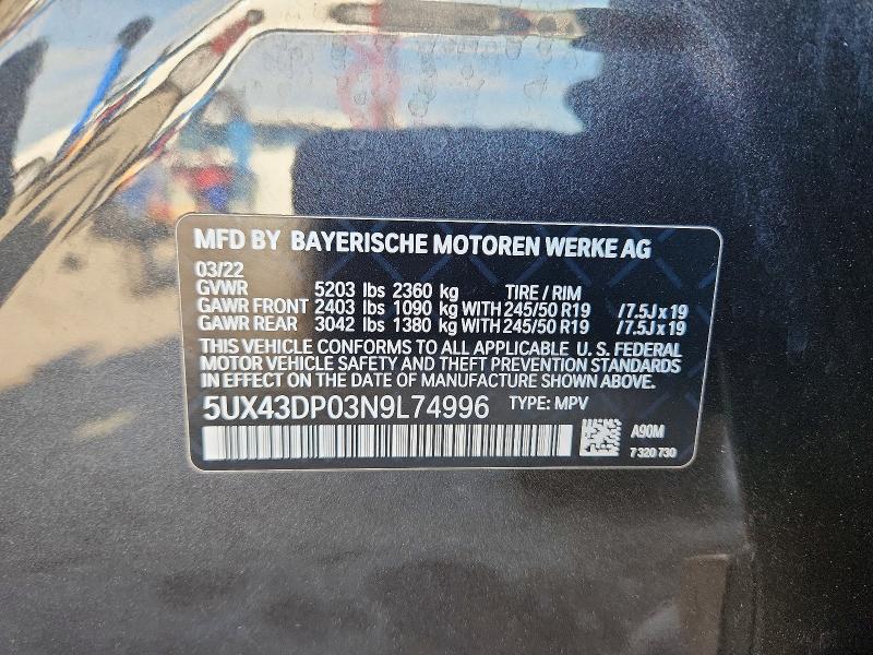 49969656 :رقم المزاد ، 5UX43DP03N9L74996 vin ، 2022 Bmw X3 مزاد بيع