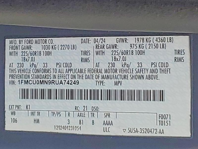 49823816 :رقم المزاد ، 1FMCU0MN9RUA74249 vin ، 2024 Ford Escape مزاد بيع