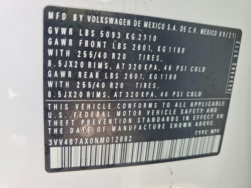 Aukcja sprzedaży 2022 Volkswagen Tiguan, vin: 3VV4B7AX0NM012882, numer aukcji: 49400076