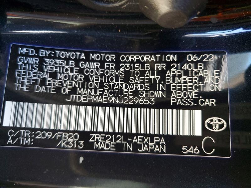 2022 Toyota Corolla მანქანა იყიდება აუქციონზე, vin: JTDEPMAE9NJ229653, აუქციონის ნომერი: 51444066