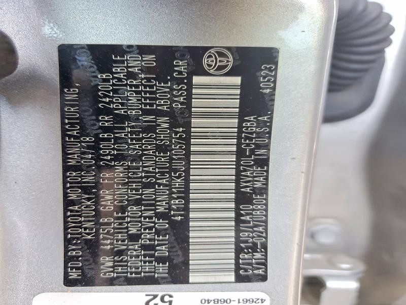 50085296 :رقم المزاد ، 4T1B11HK5JU105754 vin ، 2018 Toyota Camry مزاد بيع